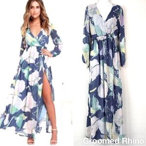 Lulu’s Wondrous Water Lilies Denim Blue Floral Print Maxi Dress Size S